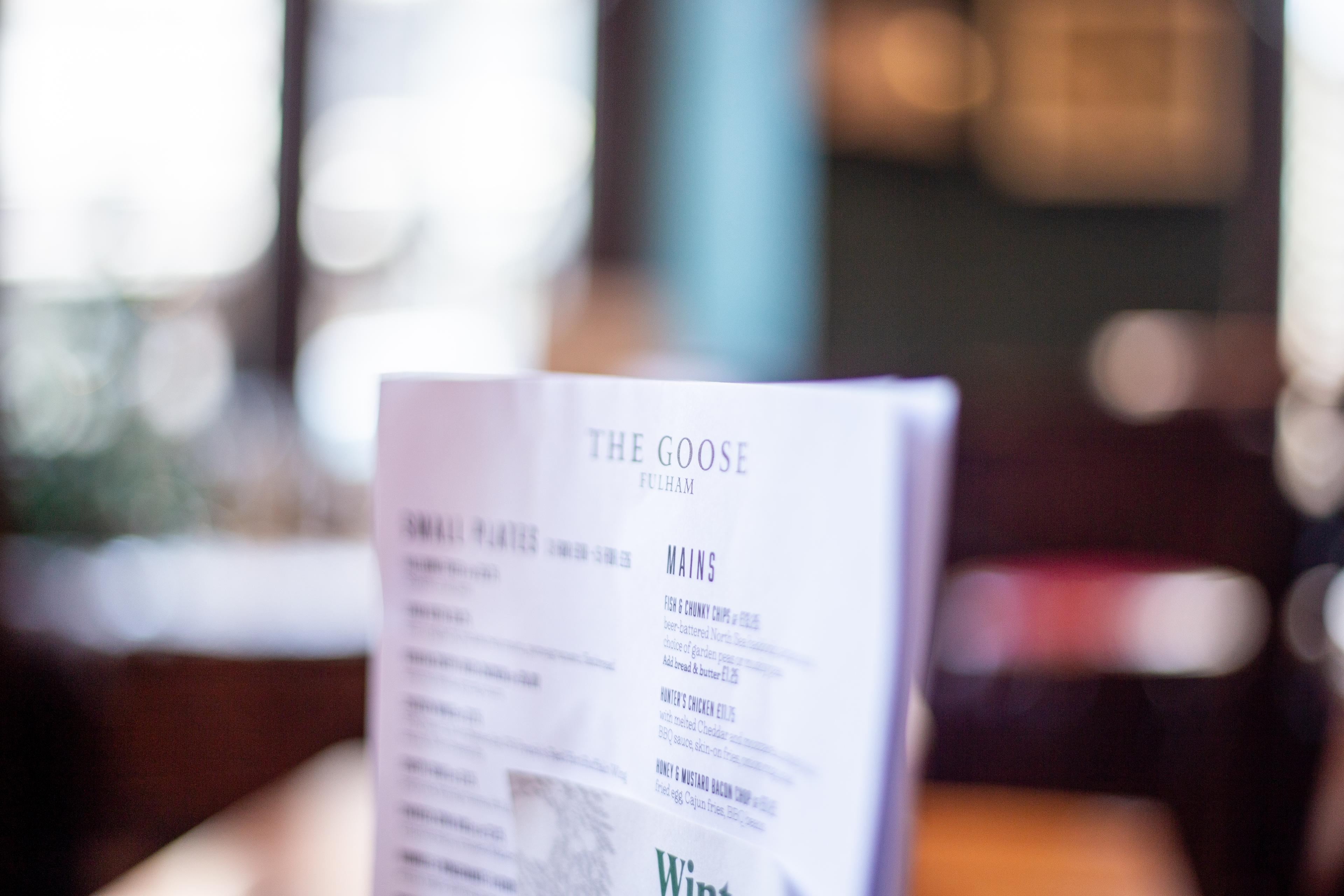 Menu at The Goose
